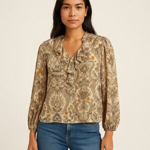 Pleione Paisley Womens‎ Medium Floral Ruffle Neck Long Sleeve Sheer Blouse Top